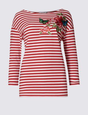 Embroidered Striped 3/4 Sleeve Jersey Top
